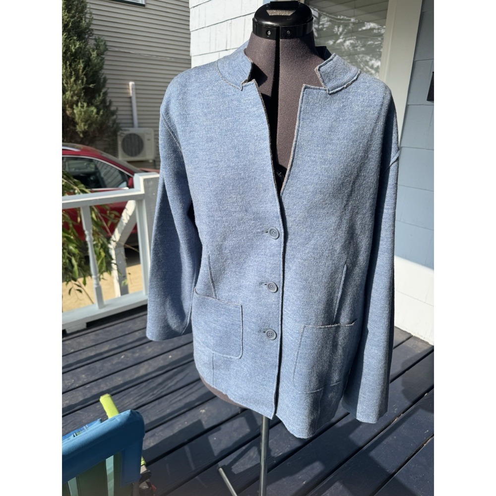 Eileen Fisher Merino Wool Jacket Women's‎ 1X Blue Gray Button Front Pockets